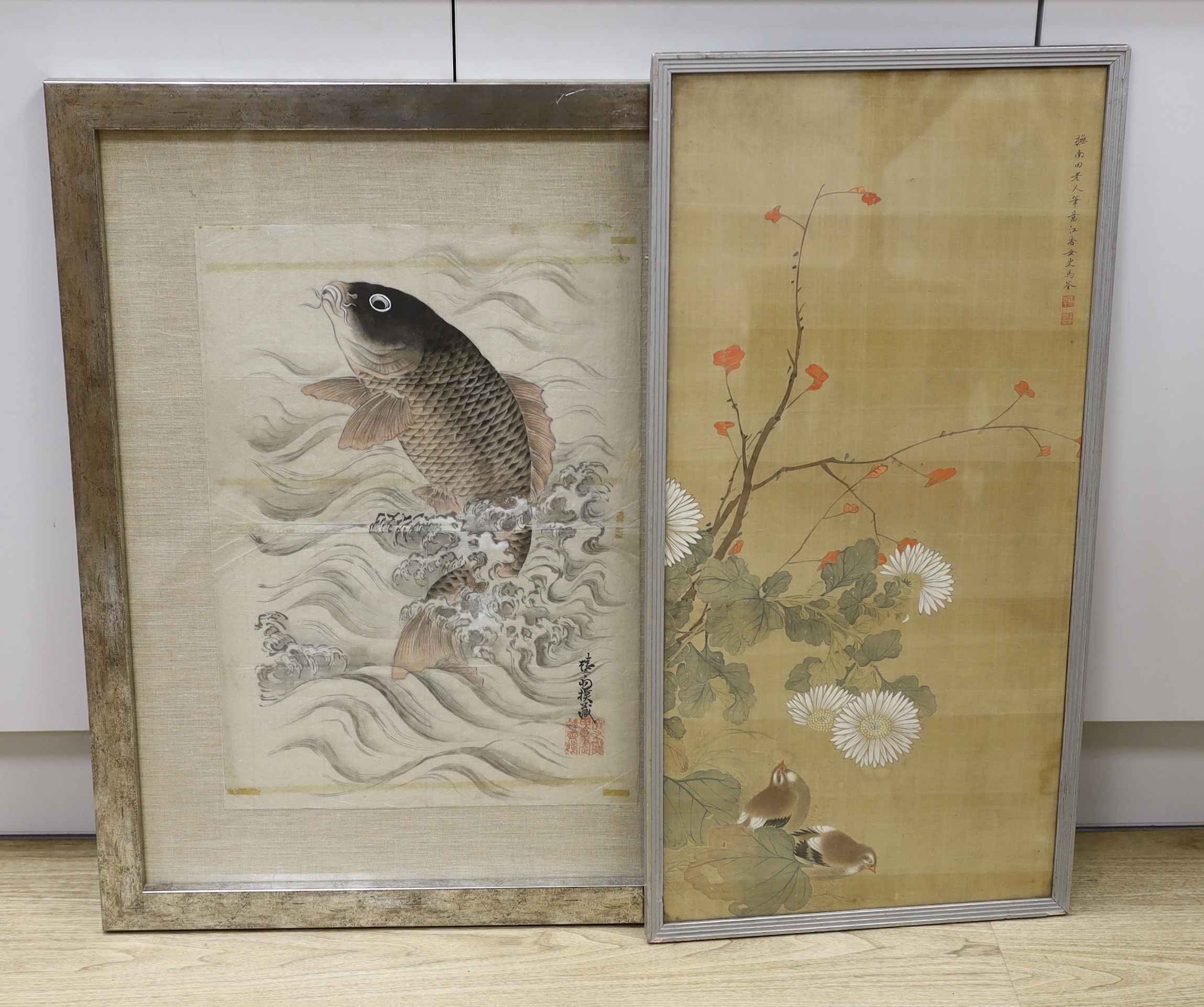 Late 19th / early 20th century Chinese watercolour on rice paper of a leaping carp and a Japanese school watercolour of quails amongst flowers, 79 x 38cm